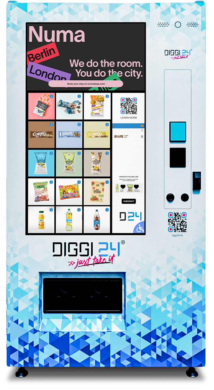 Digitale Außenwerbung im Fenstermodus auf dem DIGGI 24 Snackautomaten
