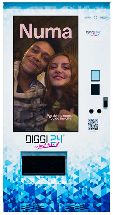 Digitale Außenwerbung im Vollbild auf dem Touchscreen eines DIGGI 24 Automaten